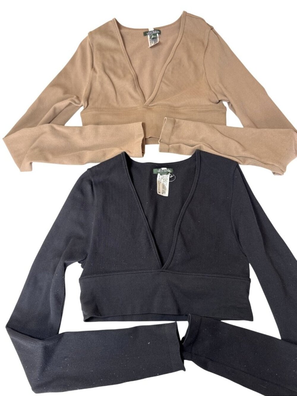 Wild Fable Black & Beige Cropped V-Neck Long Sleeve Tops XS